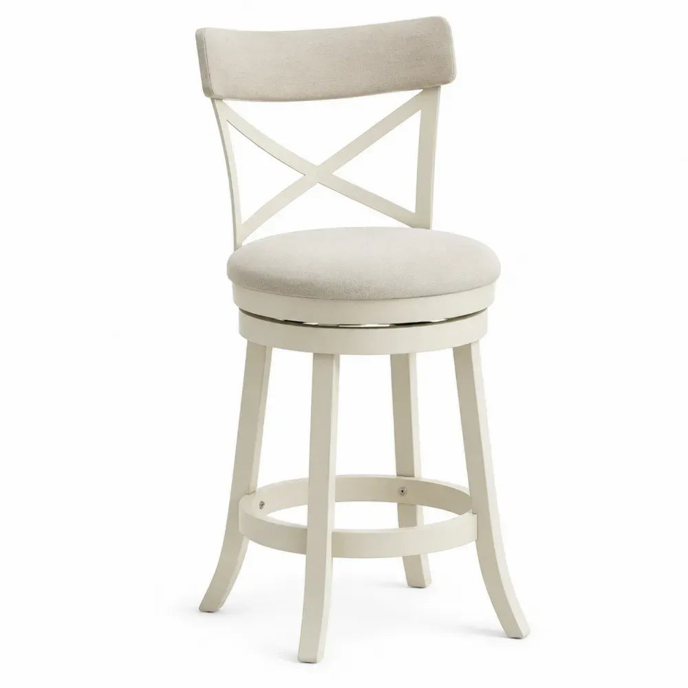 Taburete de bar giratorio de madera de caucho color crema con asiento tapizado beige respaldo en cruz y reposapiés 45x50x95 cm
