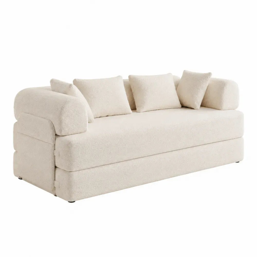 Sofá de tres plazas tapizado en tejido bouclé de poliéster estructura de madera de caucho patas de madera color beige 200 cm x 95 cm x 85 cm
