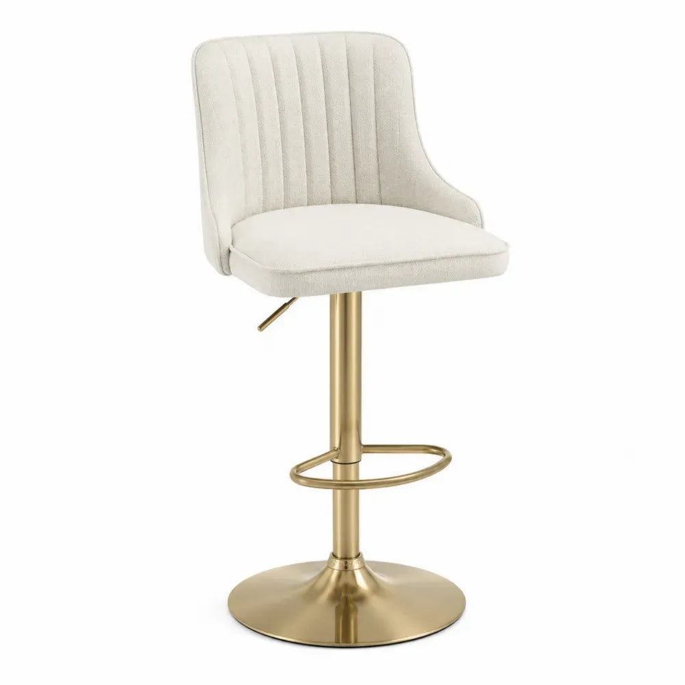 Taburete de bar regulable con asiento tapizado en tejido bouclé base giratoria de acero dorado y reposapiés altura ajustable 85-110 cm blanco y dorado