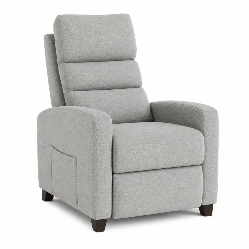 Sillón reclinable con reposabrazos y reposapiés integrado tapizado en tejido de poliéster gris claro patas negras 80 x 90 x 105 cm