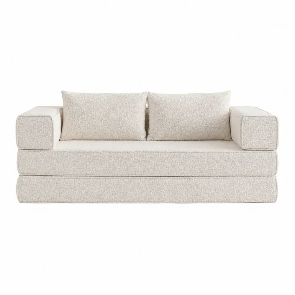 Sofá de 3 plazas tapizado en tejido bouclé de poliéster beige claro con 2 cojines y brazos rectos 220 x 100 x 75 cm