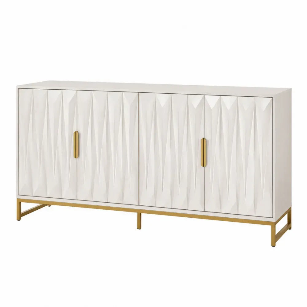 Aparador buffet rectangular de MDF blanco con 4 puertas texturizadas y patas metálicas doradas 160x40x80 cm