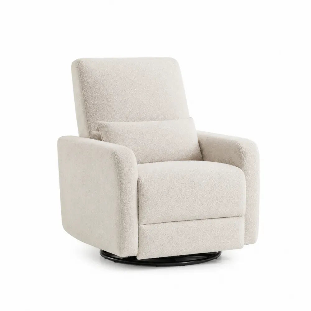 Sillón giratorio con reposabrazos y cojín tapizado en tejido bouclé de poliéster beige claro base circular negra 85 x 82 x 78 cm