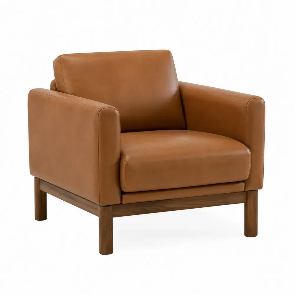 Sillón individual rectangular con reposabrazos tapizado en PU marrón caramelo estructura de madera de caucho marrón 75 x 78 x 85 cm