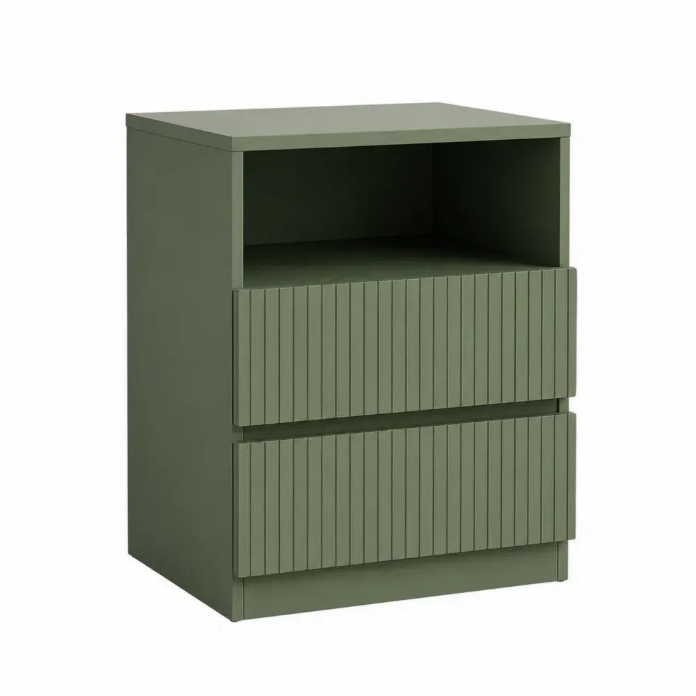 Mueble de almacenamiento de MDF verde oliva con compartimento abierto y 2 cajones acanalados 60x40x80 cm