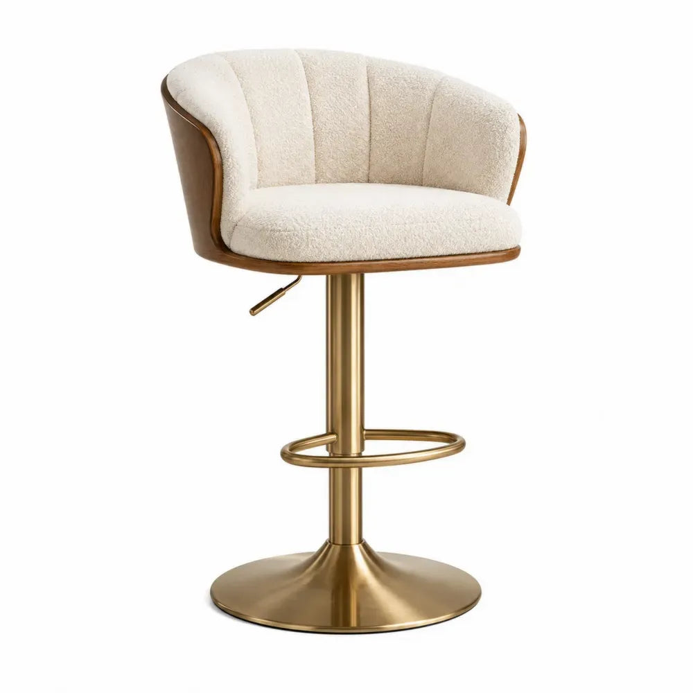 Taburete de bar regulable con respaldo asiento tapizado en tejido bouclé base giratoria de acero dorado con reposapiés altura ajustable 85-110 cm crema y dorado
