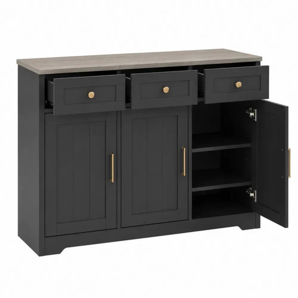 Aparador de cocina y comedor negro con encimera efecto madera gris 160 cm 3 cajones 4 puertas MDF 160 cm x 40 cm x 80 cm