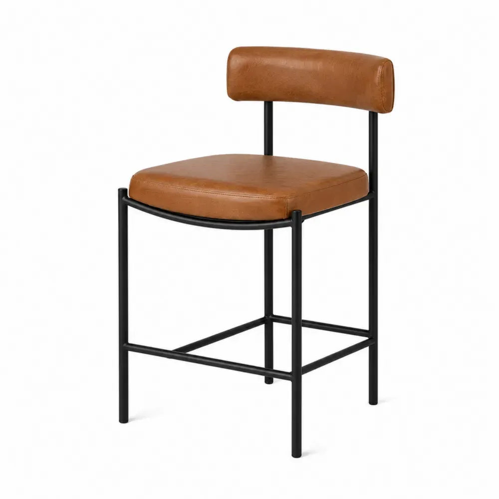 Taburete de bar fijo con asiento cuadrado de cuero PU marrón respaldo cilíndrico y estructura de acero negro 50x52x95 cm