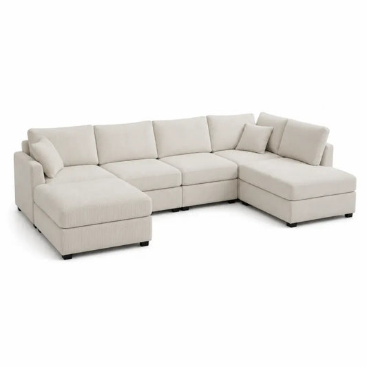 Sofá esquinero modular en L tapizado en tejido bouclé de poliéster estructura de madera maciza y contrachapada patas de plástico reforzado color beige 280 cm x 180 cm x 85 cm
