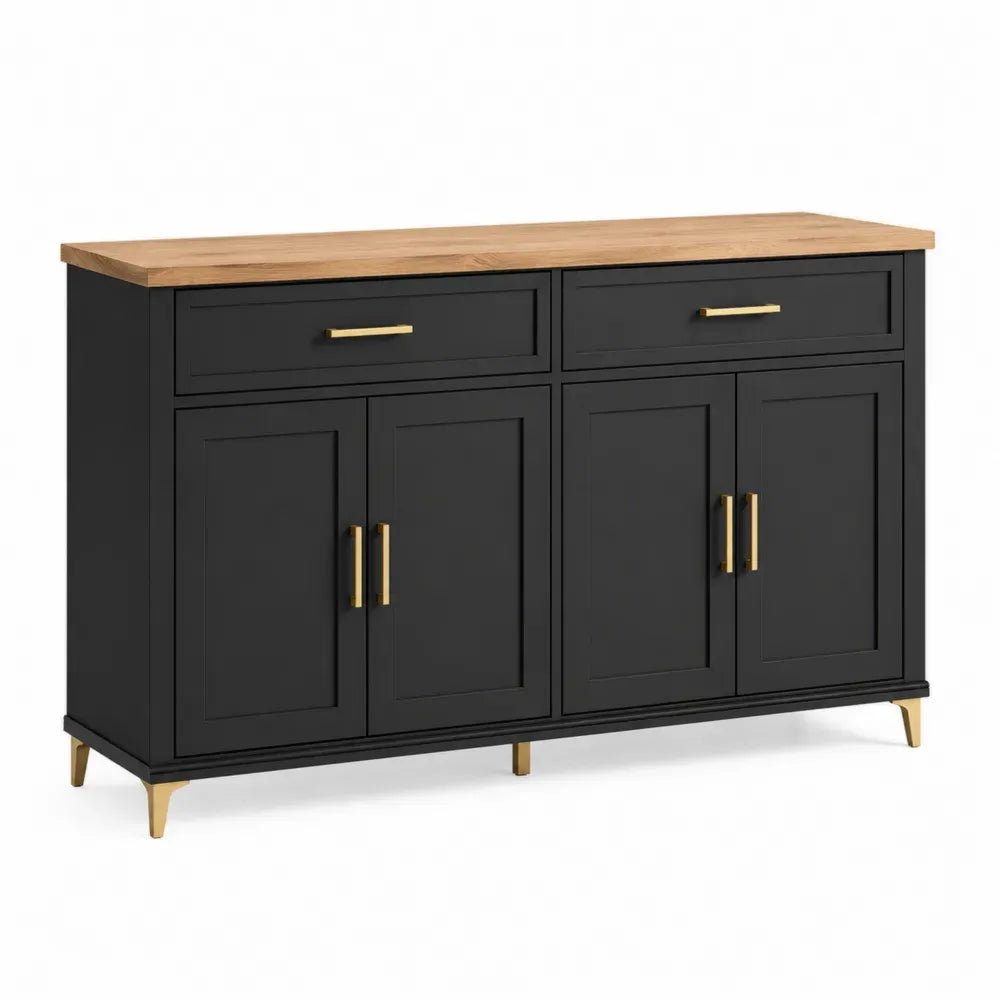 Aparador buffet de MDF negro con encimera efecto madera natural puertas cajones y patas doradas 140x40x85 cm
