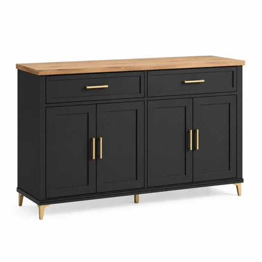 Aparador buffet de MDF negro con encimera efecto madera natural puertas cajones y patas doradas 140x40x85 cm