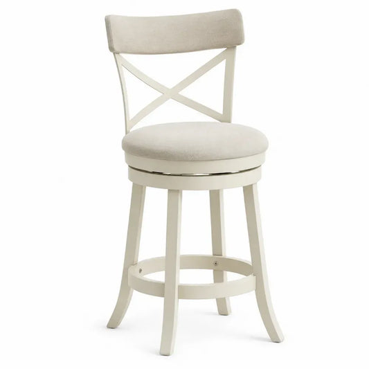 Taburete de bar giratorio de madera de caucho color crema con asiento tapizado beige respaldo en cruz y reposapiés 45x50x95 cm