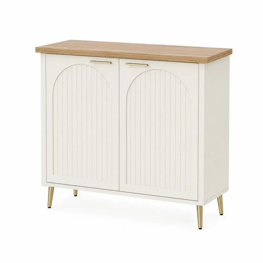 Aparador buffet de MDF blanco con encimera efecto madera natural 2 puertas arqueadas ranuradas y patas doradas 100x40x90 cm