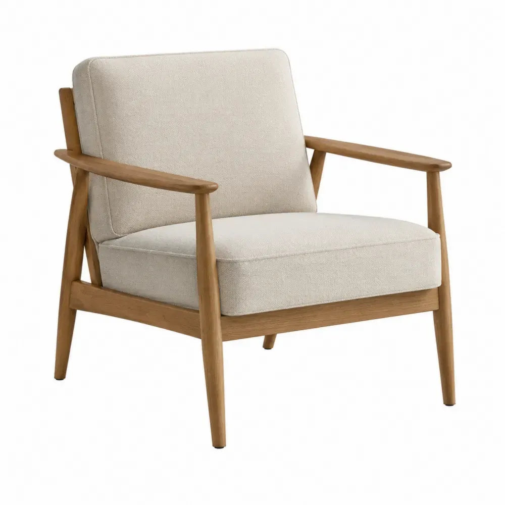Silla de salón con reposabrazos estructura de madera tapizado en tejido beige madera natural 65 cm x 70 cm x 80 cm