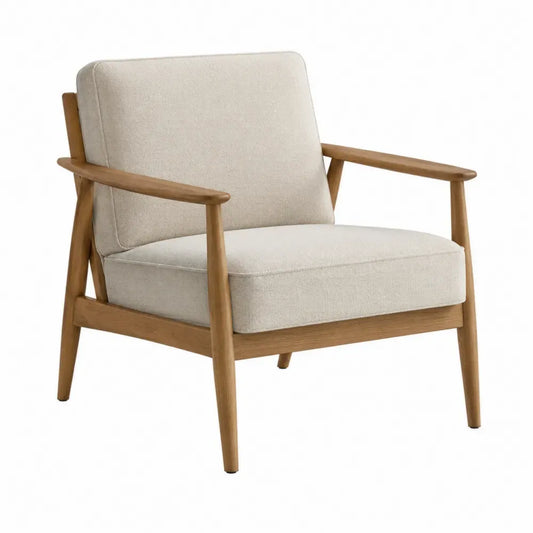 Silla de salón con reposabrazos estructura de madera tapizado en tejido beige madera natural 65 cm x 70 cm x 80 cm