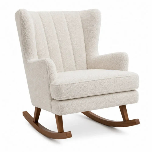 Silla mecedora con reposabrazos tapizada en tejido bouclé de poliéster beige claro base de madera marrón 75 x 90 x 100 cm