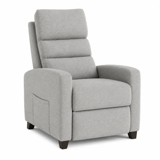 Sillón reclinable con reposabrazos y reposapiés integrado tapizado en tejido de poliéster gris claro patas negras 80 x 90 x 105 cm