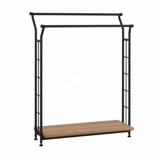 Perchero de pie con estante inferior de madera y estructura metálica negra 150 cm estilo industrial para almacenamiento de ropa