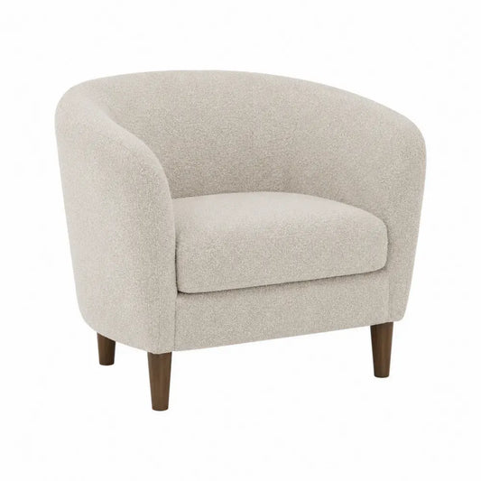 Sillón individual semicircular con reposabrazos tapizado en tejido bouclé beige claro patas de madera de caucho marrón 75 x 72 x 78 cm