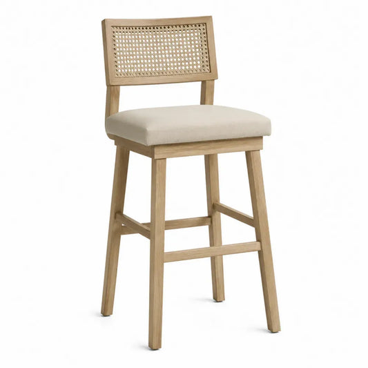 Taburete de bar de madera maciza con respaldo de ratán asiento tapizado beige 48x52x95 cm estilo natural