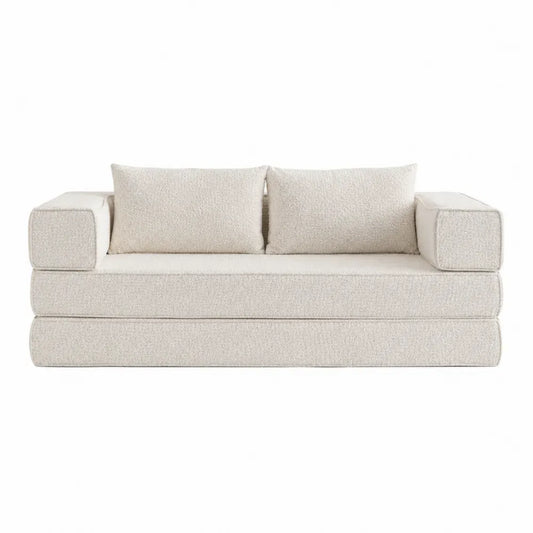 Sofá de 3 plazas tapizado en tejido bouclé de poliéster beige claro con 2 cojines y brazos rectos 220 x 100 x 75 cm