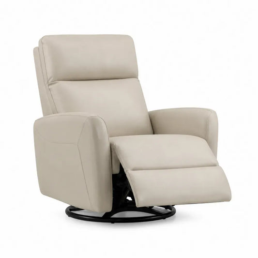 Silla de salón reclinable giratoria con reposapiés integrado tapizado en piel sintética PU base metálica negra 105 cm beige