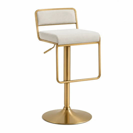 Taburete de bar regulable con respaldo asiento tapizado en tejido bouclé base giratoria de acero dorado y reposapiés altura ajustable 85-110 cm blanco y dorado