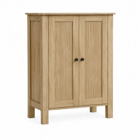 Mueble de almacenamiento de MDF con chapa de roble claro 2 puertas acanaladas y tiradores negros 80x35x85 cm