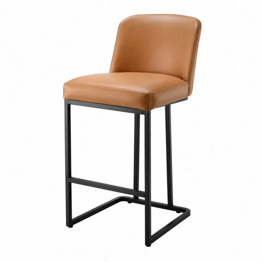 Taburete de bar con respaldo y asiento rectangular tapizado en PU marrón estructura de acero negro 45 x 50 x 95 cm