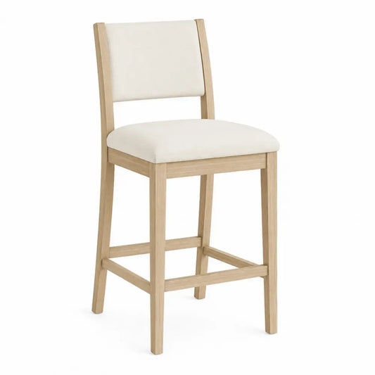 Taburete de bar con respaldo asiento tapizado estructura de madera maciza beige madera natural 45 cm x 50 cm x 95 cm