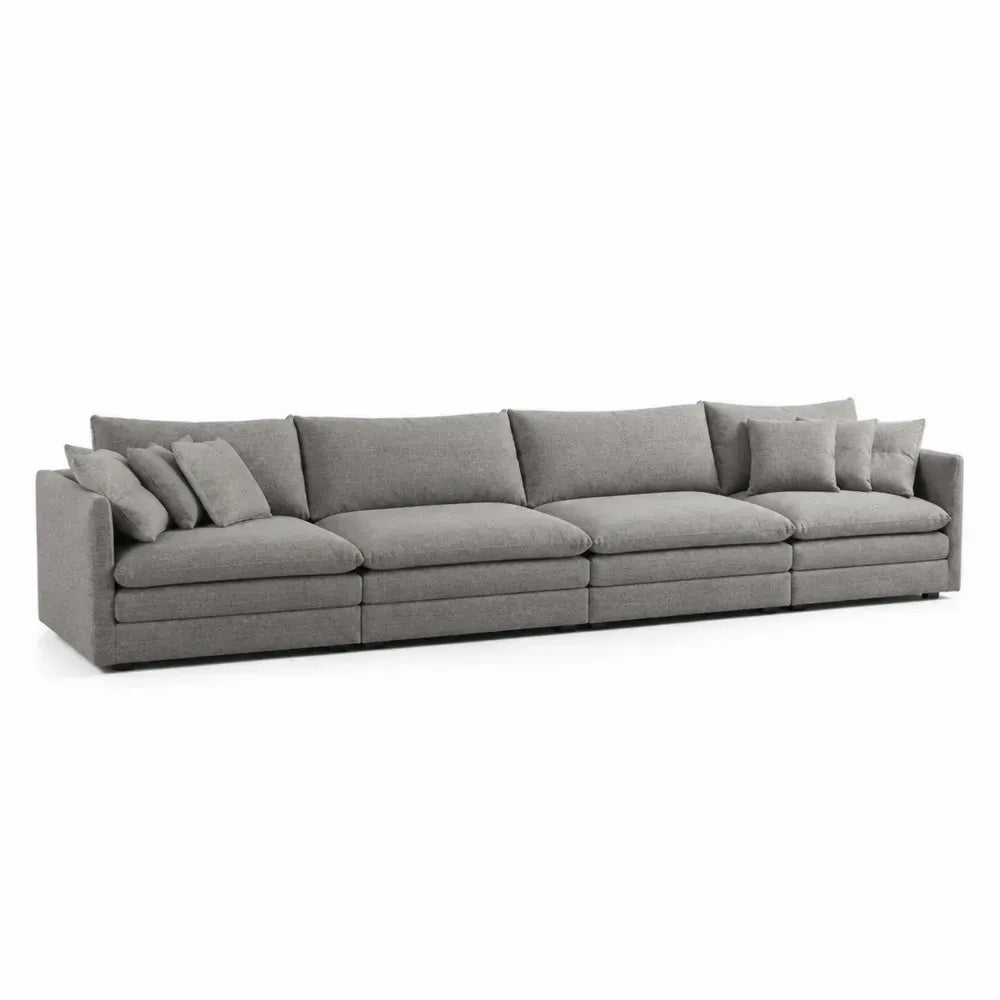 Sofá modular recto tapizado en tejido de poliéster color gris estructura de madera y tablero de partículas cojines múltiples 300 cm x 95 cm x 80 cm