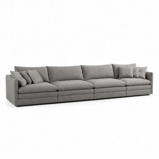 Sofá modular recto tapizado en tejido de poliéster color gris estructura de madera y tablero de partículas cojines múltiples 300 cm x 95 cm x 80 cm