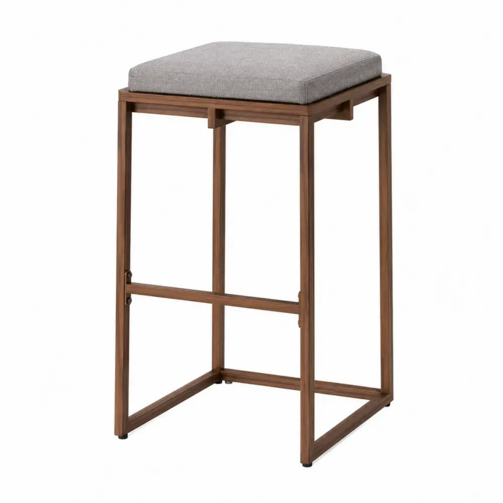 Taburete de bar sin respaldo de madera maciza con asiento tapizado gris estructura cuadrada estilo moderno 65 cm madera natural y gris