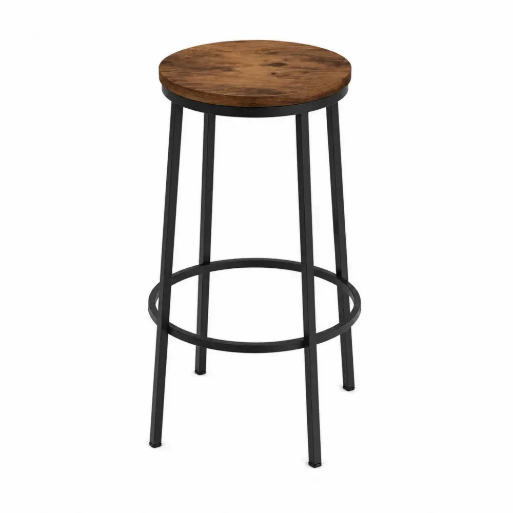Taburete de bar sin respaldo con asiento redondo de MDF efecto madera marrón y estructura de acero negro 40x40x75 cm
