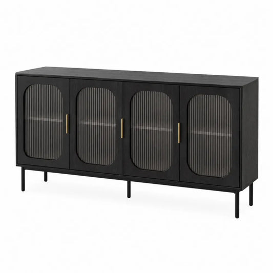 Aparador de comedor 4 puertas vidrio acanalado estructura de metal negro estilo moderno 160 cm negro dorado