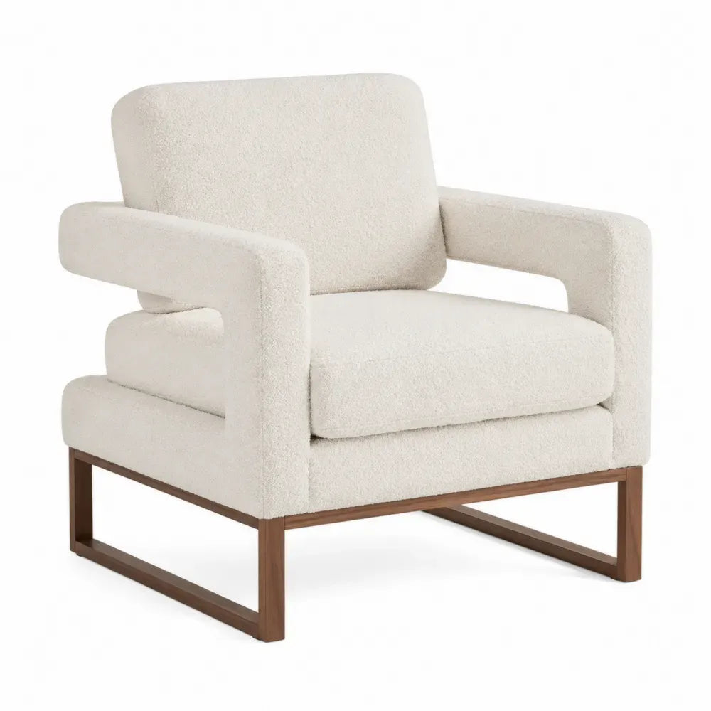 Silla de salón con reposabrazos tapizada en tejido bouclé estructura de madera patas de madera estilo moderno 78 cm beige madera natural