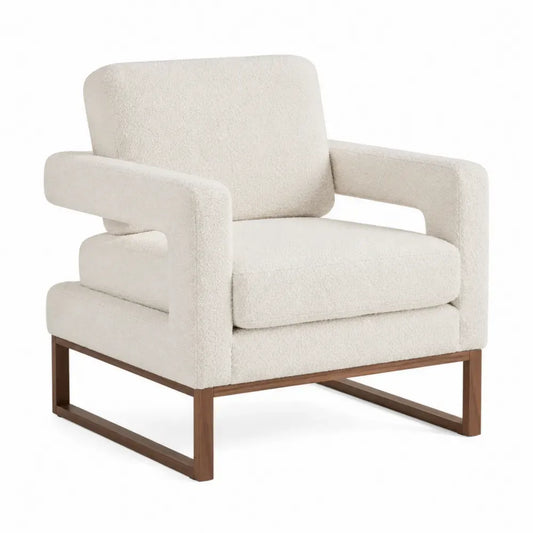 Silla de salón con reposabrazos tapizada en tejido bouclé estructura de madera patas de madera estilo moderno 78 cm beige madera natural