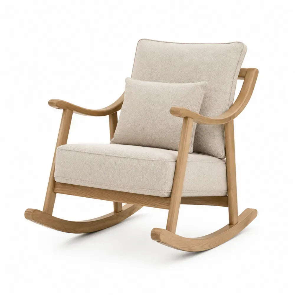 Silla mecedora de salón con cojín asiento tapizado en tejido beige estructura de madera natural estilo moderno 85 cm