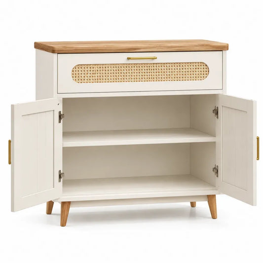 Aparador buffet de madera MDF con chapa natural y detalle de ratán puertas y cajón 120x40x85 cm blanco madera natural y dorado