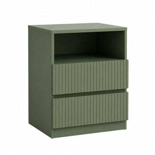 Mueble de almacenamiento de MDF verde oliva con compartimento abierto y 2 cajones acanalados 60x40x80 cm