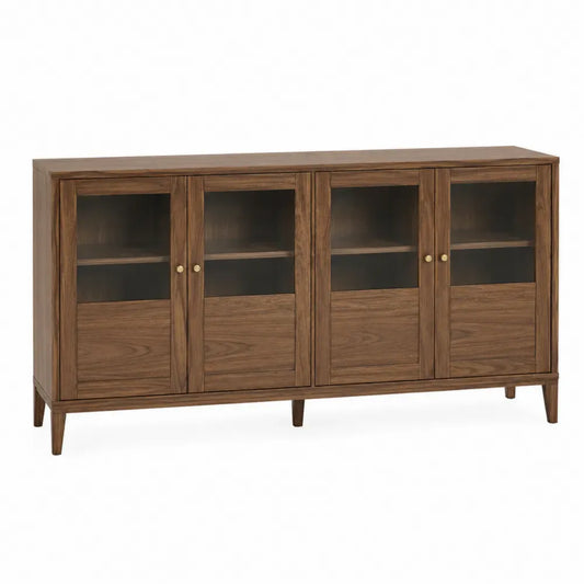 Aparador de comedor de madera MDF con 4 puertas de vidrio y madera 160 cm acabado madera natural