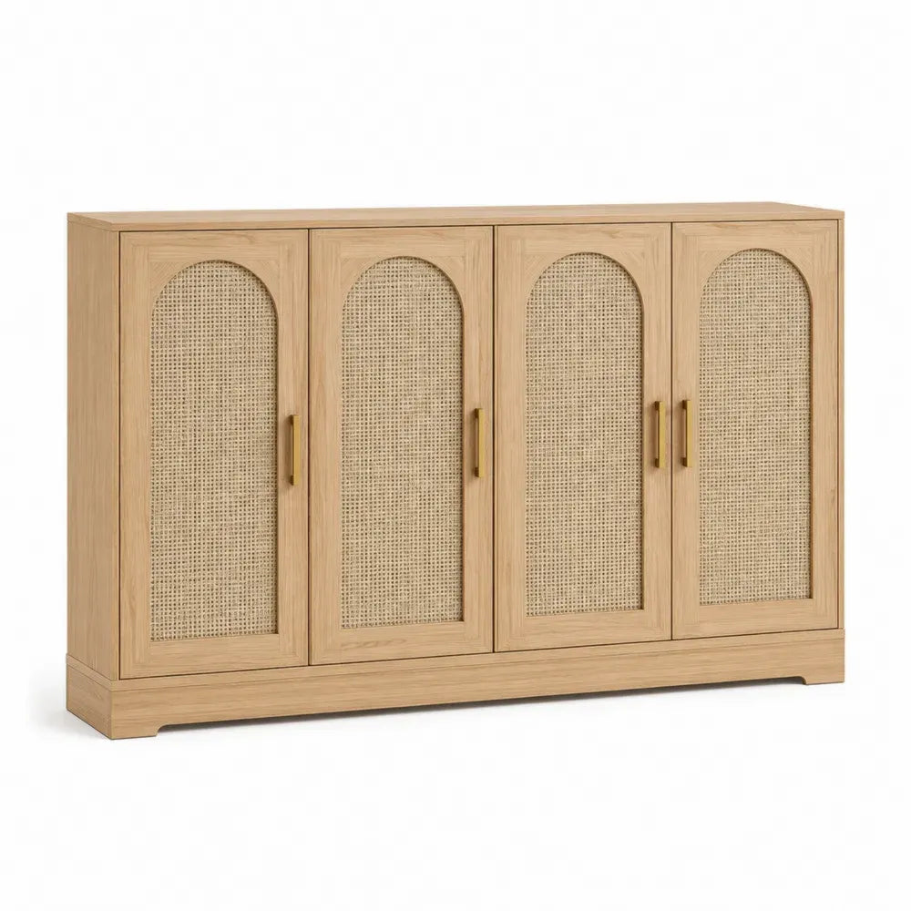 Aparador buffet rectangular de MDF con chapa de roble color madera natural 4 puertas arqueadas de ratán tiradores dorados 160x40x80 cm