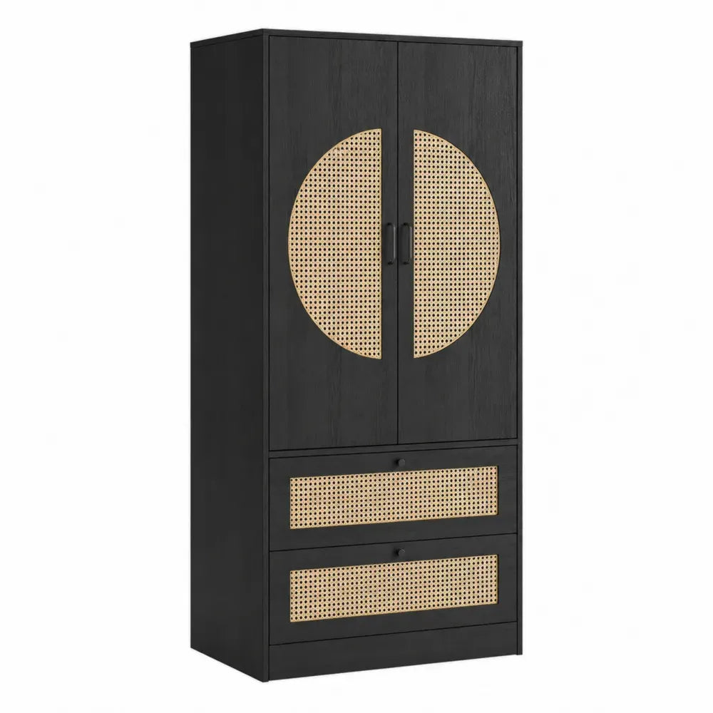Armario de almacenamiento de salón MDF con puertas de rejilla de ratán y cajones 80x40x170 cm negro y natural estilo moderno