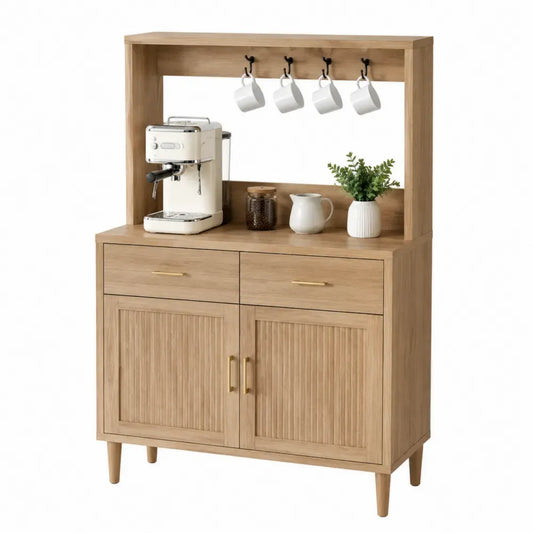 Aparador de cocina y comedor con estante abierto superior y ganchos para tazas 2 puertas madera natural 120 cm