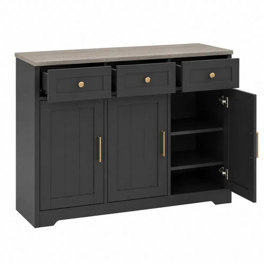 Aparador de cocina y comedor negro con encimera efecto madera gris 160 cm 3 cajones 4 puertas MDF 160 cm x 40 cm x 80 cm